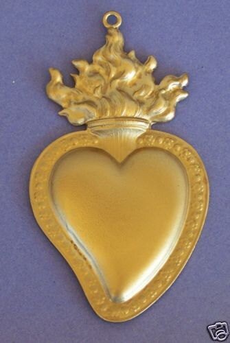 Large Tin/Silver GOLDEN Flamed Sacred Heart Milagro Ex Voto