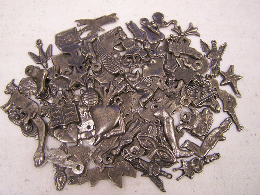 Lot of 25 All Different Antiqued/Aged Gray Colored Milagros, Mexico