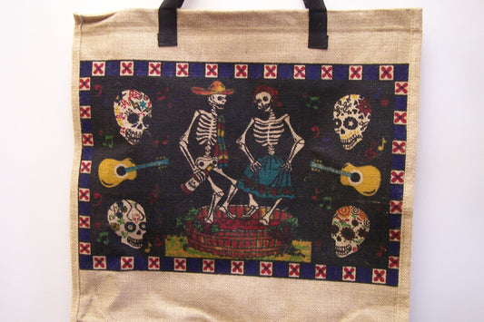 Day of the Dead Dancing Skeletons Sturdy Jute Shopping Bag 18.5" x 18" x 5"