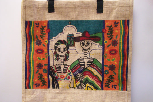 Day of the Dead "Mexican American Gothic" Skeletons Sturdy Jute Shopping Bag 18.5" x 18" x 5"