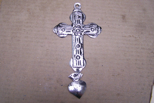 Tin Cross with Dangling Heart Milagro #1