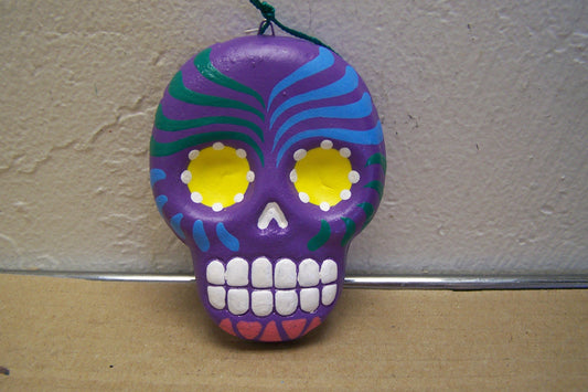 Day of the Dead Clay Painted Flat Skull Ornament - Purple