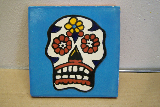 Day of the Dead Mexican Tile - Sugar Skull, Dia de los Muertos - Light Blue Color