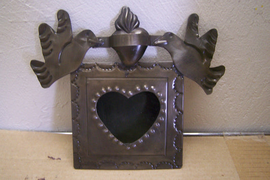 Medium Mexican Tin and Glass Nicho with Hinged Door - Sacred Heart w. Flying Doves, Heart Window - Mexico