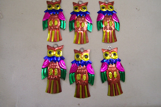 Lot of 6 Tin Painted Ornaments - Owl - Mexico