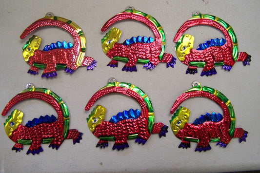 Lot of 6 Tin Painted Ornaments - Red Lizard - Mexico