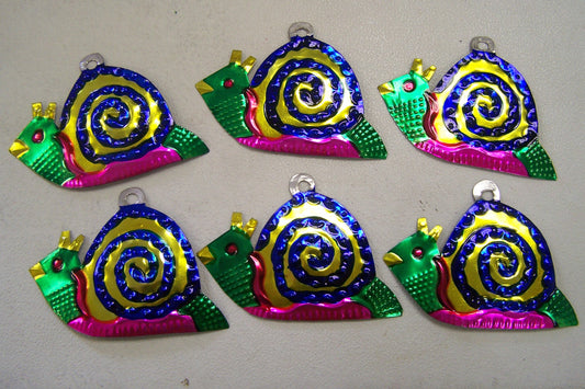 Lot of 6 Tin Painted Ornaments - Snail, Blue Swirl - Mexico