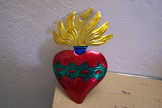 Painted Tin Sacred Heart Milagro Ex Voto - Flmed Heart with Thorns, Type I - Mexico