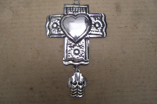 Tin Cross with Dangling Male Torso Milagro