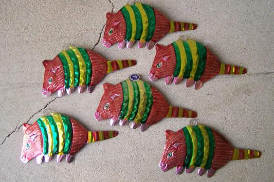 Lot of 6 Tin Painted Ornaments - Armadillo - Mexico