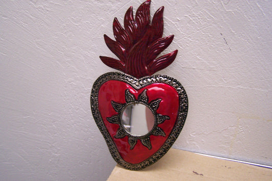 Large Tin Painted Sacred Heart Mirror with Sunburst - Mexico