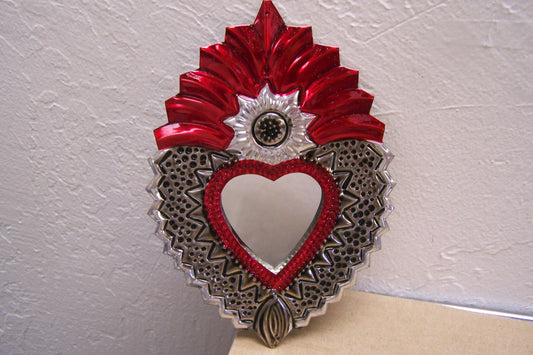 Tin Painted Sacred Heart Mirror with Silver Flower - Mexico