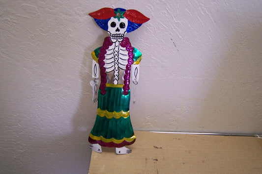 Large Painted Tin Day of the Dead Jointed Catrina Skeleton Fancy Lady - Mexico