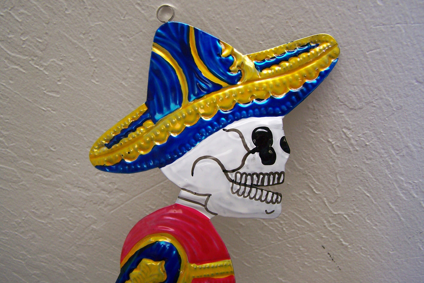 Colorful Shiny Painted Tin Day of the Dead Large Catrin Male Skeleton in Serape Wall Hanging