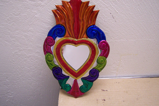 Large Tin Painted Sacred Heart Mirror - Colorful Scrolls - Mexico