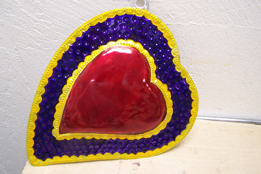 Large Painted Tin Sacred Heart - Slanted Heart, Purple - Mexico