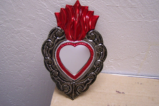 Tin Painted Sacred Heart Mirror - Scrolled Edges - Mexico