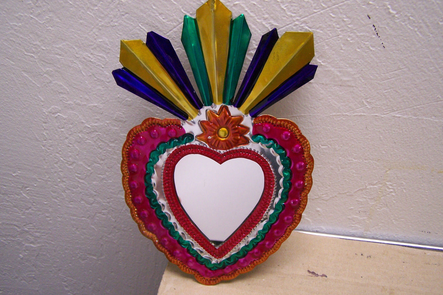 Large Tin Painted Sacred Heart Mirror - Burst of Flames - Mexico