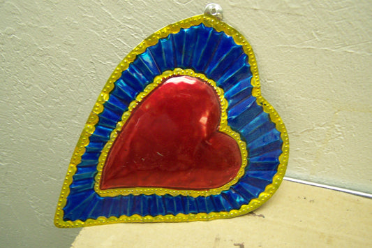 Large Painted Tin Sacred Heart - Slanted Heart, Blue - Mexico