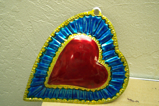 Painted Tin Sacred Heart - Slanted Heart, Blue - Mexico