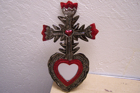 Tin Painted Sacred Heart Mirror - Foliated Cross - Mexico