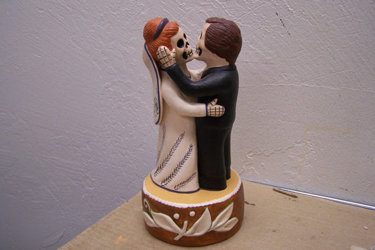 Day of the Dead Clay Skeleton Dancing Wedding Couple on Cake Sculpture - Cake Topper