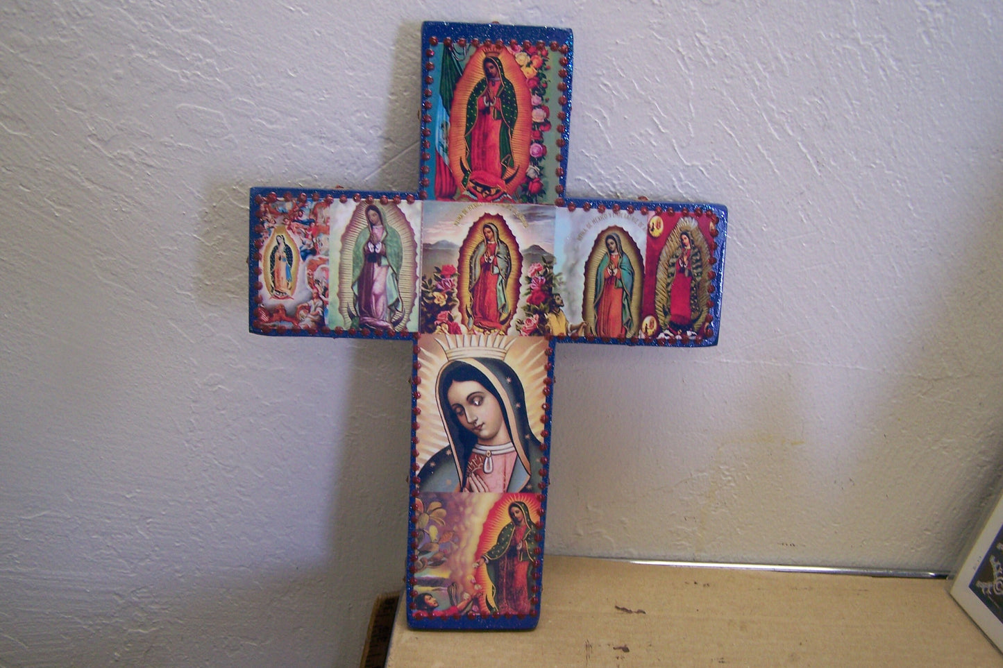 Large Virgin of Guadalupe Folk Art Cross with Sequins and Glitter, Blue