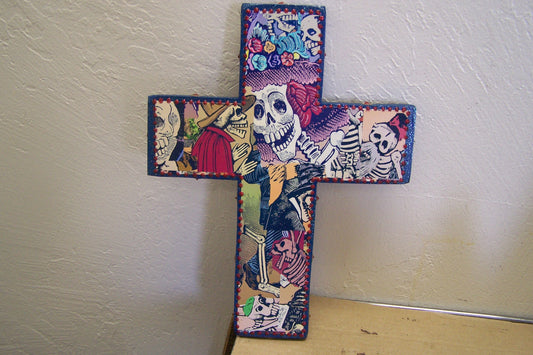 Day of the Dead Folk Art Cross with Sequins and Glitter, Blue