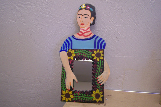 FRIDA! Painted Frida Kahlo Tin Stand-up Mirror, Sunflower Flame, Blue Blouse - Mexico