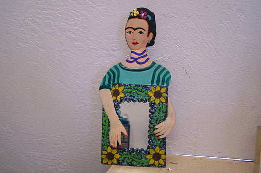 FRIDA! Painted Frida Kahlo Tin Stand-up Mirror, Sunflower Flame, Green Blouse - Mexico