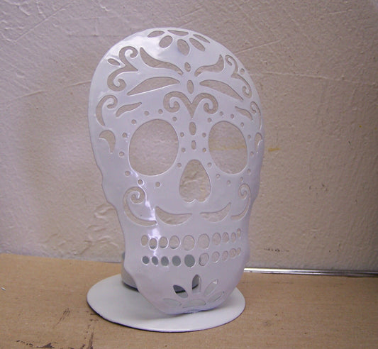 Day of the Dead Sugar Skull Metal Tabletop Candle Holder - White