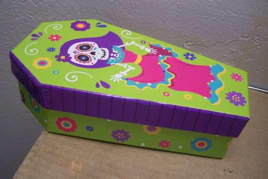 Day of the Dead Cardboard Lidden Coffin Box - Skeleton Girl #1