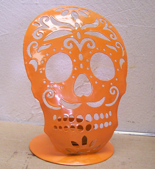 Day of the Dead Sugar Skull Metal Tabletop Candle Holder - Orange