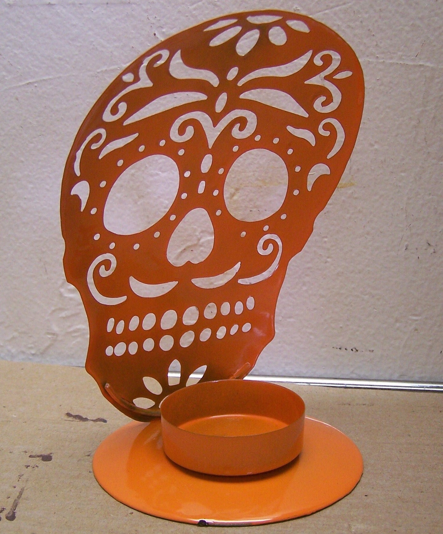Day of the Dead Sugar Skull Metal Tabletop Candle Holder - Orange