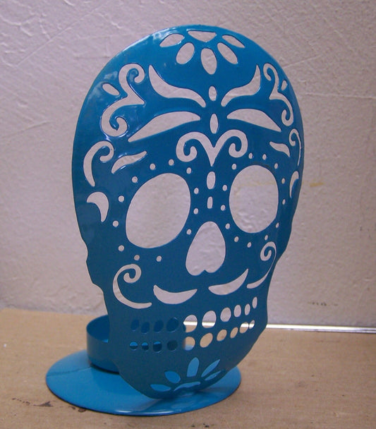 Day of the Dead Sugar Skull Metal Tabletop Candle Holder - Turquoise