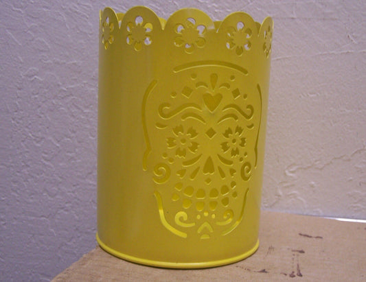 Day of the Dead Punched Metal Luminaria - Sugar Skull Design - Yellow