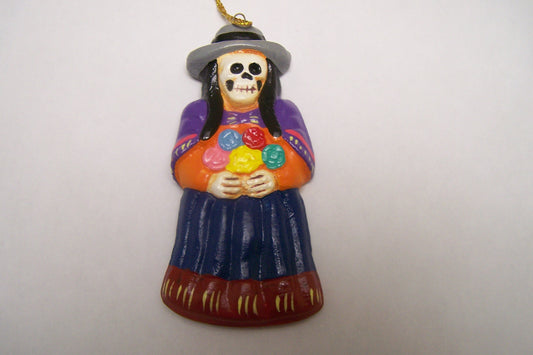 Day of the Dead Clay Painted Flat Skeleton Flower Girl Ornament