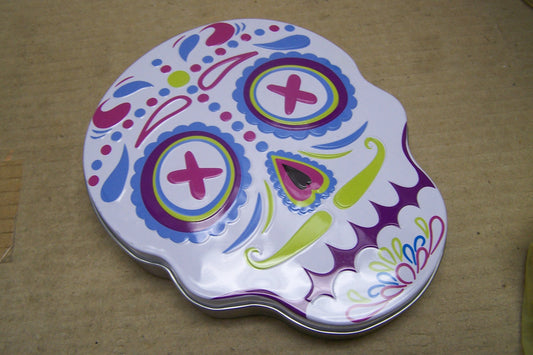 Wholesale Lot of 10 Day of the Dead Sugar Skull Metal Candy Tin, White - Dia de los Muertos