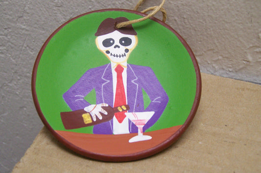 Day of the Dead Painted Clay Plate Ornament - Skeleton Bartender