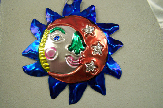 Lot of 6 Tin Painted Sun and Moon, Sol y Luna Ornaments - Blue Rays - Mexico