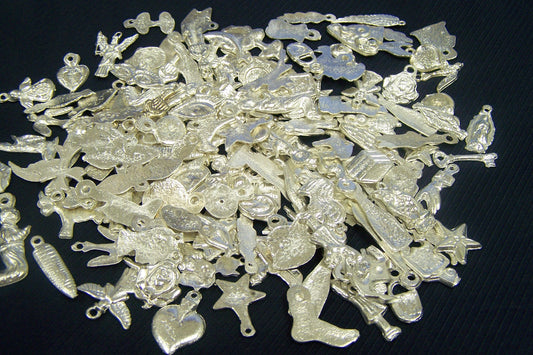 Lot of 50 Assorted Shiny Silver-Colored Milagros, Mexico