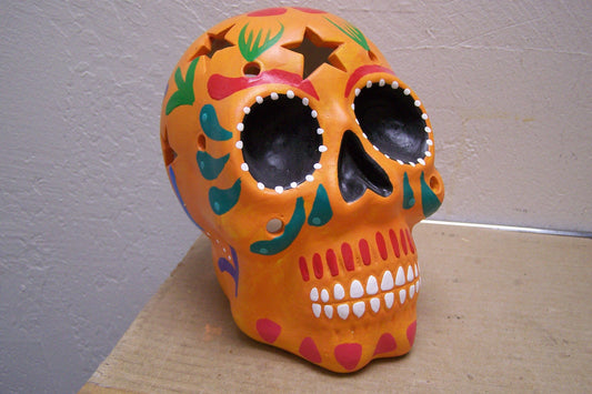 Large Painted Day of the Dead Skull Luminaria - Orange