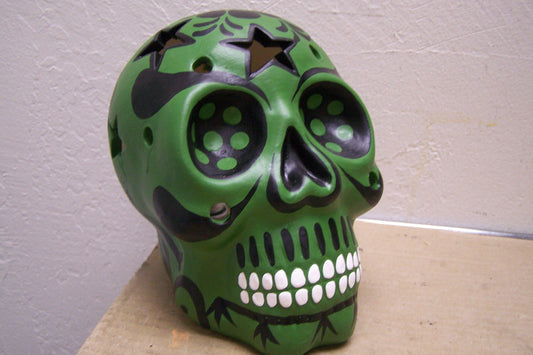 Large Painted Day of the Dead Skull Luminaria - Dark Green