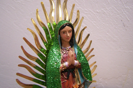 Virgin of Guadalupe 9.5" Resin Altarpiece Statue - Green Glitter