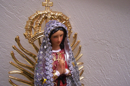 Virgin of Guadalupe 13" Resin Altarpiece Statue - Silvery Cloth Cloak