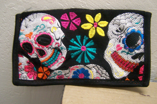 Day of the Dead Embroidered Soft Eyeglasses Case, Lined Interior, Zipper Back Pouch - Black