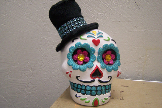 Glittering Day of the Dead Resin Sugar Skull with Felt Top Hat