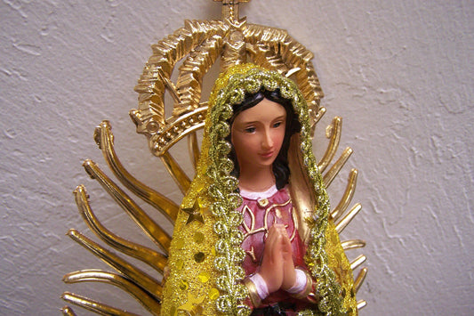 Virgin of Guadalupe 13" Resin Altarpiece Statue - Golden Cloth Cloak