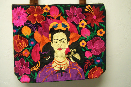 Frida! Large Embroidered Leather Shoulder Bag Purse, Lined Interior, 2 Zipper Pouches, Frida Kahlo - Black #1