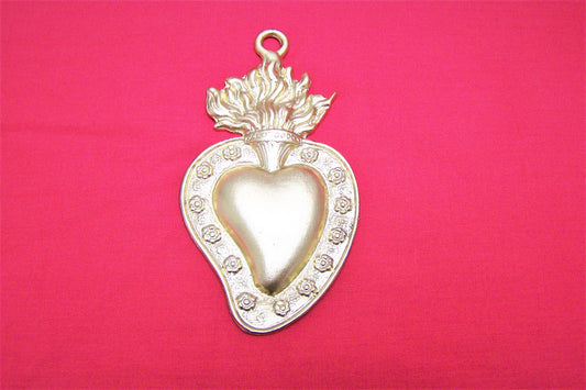 Tin/Silver Medium Sacred Heart with Flowers Milagro Ex Voto - Shiny Golden Finish